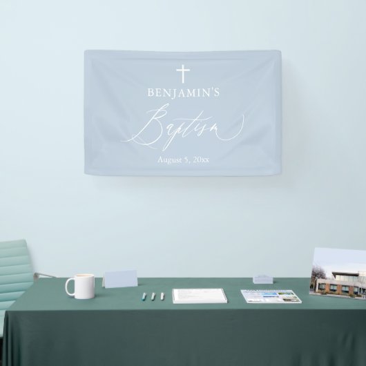 Dusty Blue White Cross Boy Baptism Backdrop Banner (Beurs)