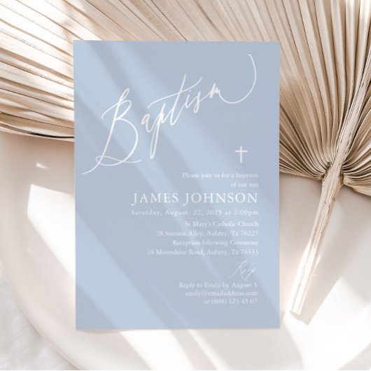 Dusty Blue White Cross Boy Baptism Invitation Kaart