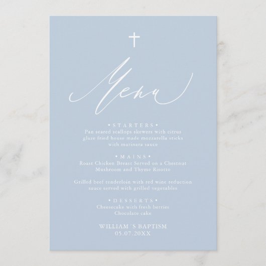Dusty Blue White Cross Boy Baptism Menu Kaart (Voorkant)