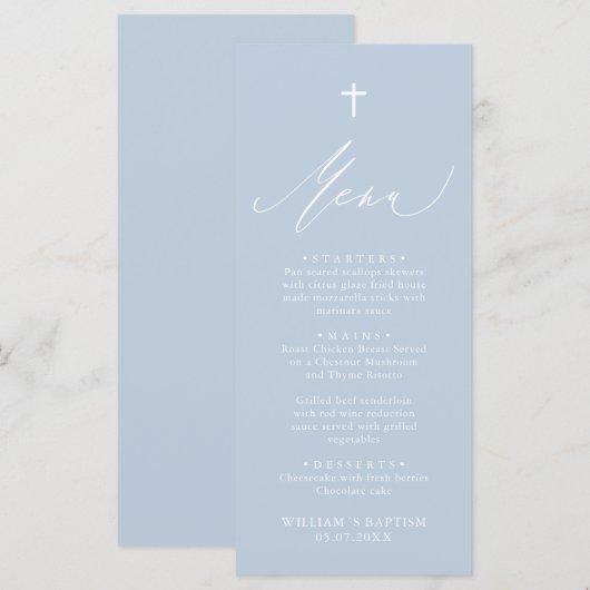 Dusty Blue White Cross Boy Baptism Menu Kaart (Voorkant / Achterkant)