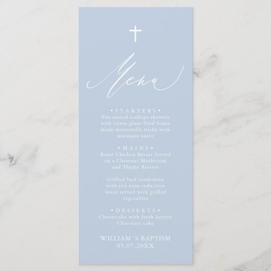 Dusty Blue White Cross Boy Baptism Menu Kaart (Voorkant)