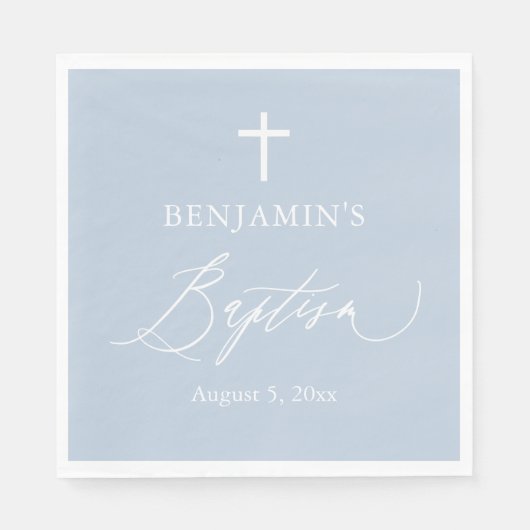 Dusty Blue White Cross Boy Baptism Paper Napkins Servet (Voorkant)