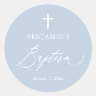 Dusty Blue White Cross Boy Baptism Round Sticker
