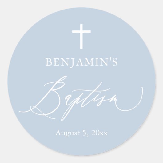 Dusty Blue White Cross Boy Baptism Round Sticker (Voorkant)