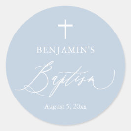 Dusty Blue White Cross Boy Baptism Round Sticker