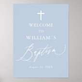 Dusty Blue White Cross Boy Baptism Welcome Sign Poster (Voorkant)