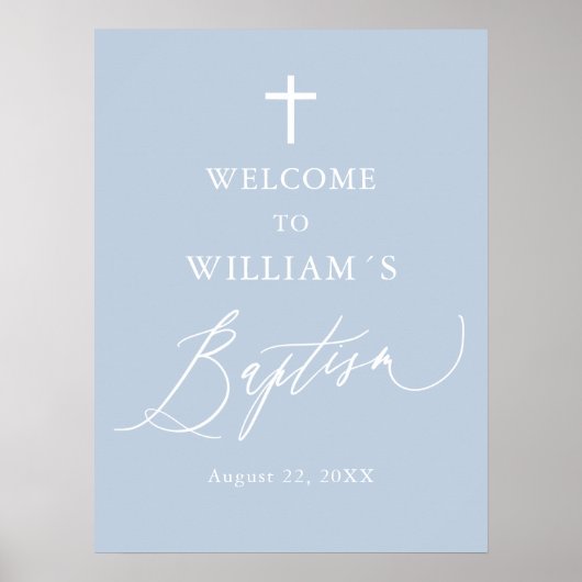 Dusty Blue White Cross Boy Baptism Welcome Sign Poster (Voorkant)