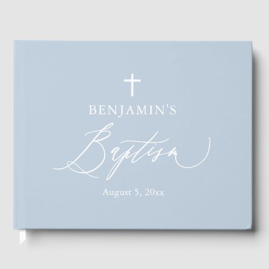Dusty Blue White Cross Boy Baptisme Guest Book Gastenboek (Voorkant)