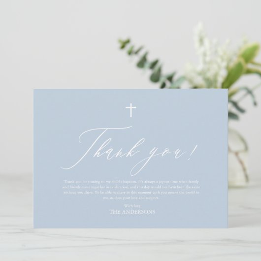 Dusty Blue White Cross Boy Baptisme Hartelijk dank Kaart (Staand voorkant)