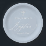 Dusty Blue White Cross Boy Baptisme Party Borden Papieren Bordje<br><div class="desc">Dusty Blue White Cross Boy Baptism Party Borden,  Blue Baptism,  Boy Baptisme,  Modern Blue Baptism Party Paper Borden</div>