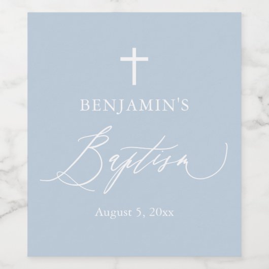 Dusty Blue White Cross Boy Baptisme Wine Label Wijn Etiket (Enkel label)