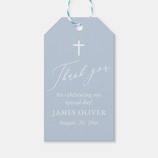 Dusty Blue White Cross Boy Doop Gift Labels Cadeaulabel (Voorkant)