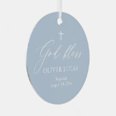 Dusty Blue White Cross Photo Boy Baptism Ornament (Voorkant Rechts)