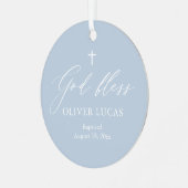 Dusty Blue White Cross Photo Boy Baptism Ornament (Voorkant links)