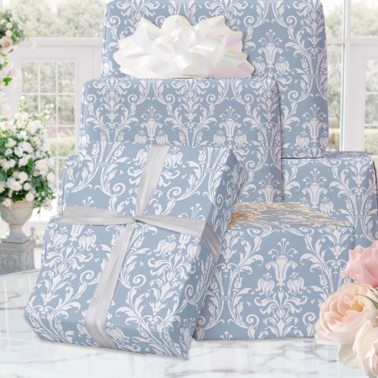 Dusty Blue White Damask Elegant Wedding Cadeaupapier