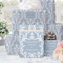Dusty Blue White Damask voeg naam toe en is gefeli