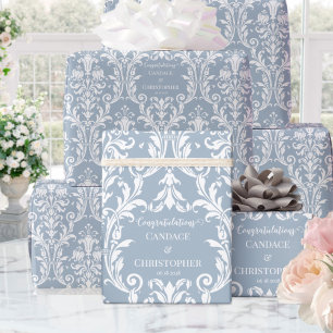 Dusty Blue White Damask voeg naam toe en is gefeli Cadeaupapier