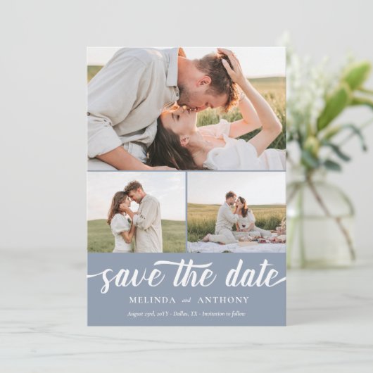 Dusty Blue White Elegant Bold Script Photo Collage Save The Date (Staand voorkant)