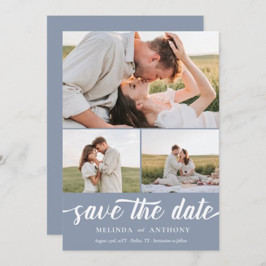 Dusty Blue White Elegant Bold Script Photo Collage Save The Date (Voorkant / Achterkant)