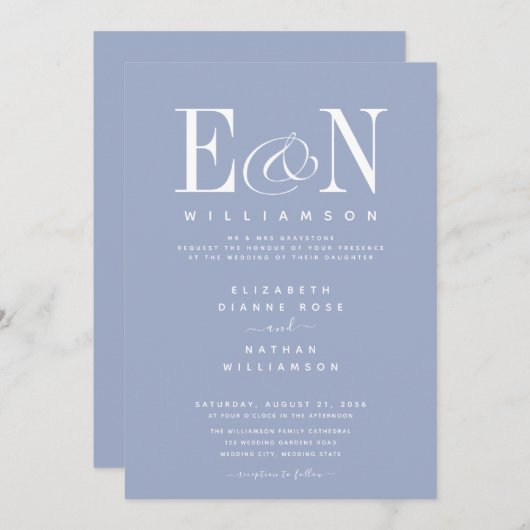 Dusty Blue & White Elegant Wedding Kaart (Voorkant / Achterkant)