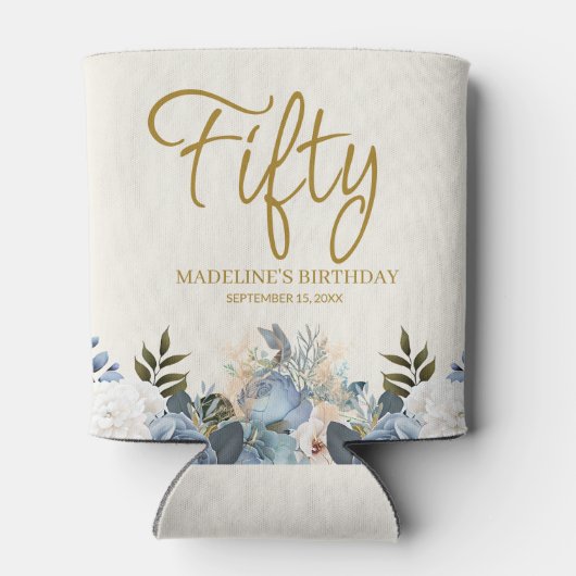 Dusty Blue White Floral 50e verjaardag naam Blikjeskoeler (Achterkant)