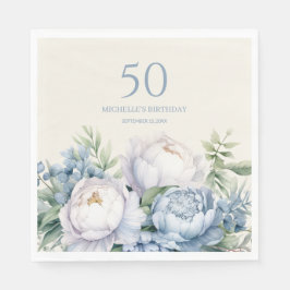 Dusty Blue White Floral 50e verjaardag naam Servet