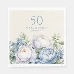 Dusty Blue White Floral 50e verjaardag naam Servet