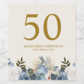 Dusty Blue White Floral 50e verjaardag naam Wijn Etiket (Enkel label)