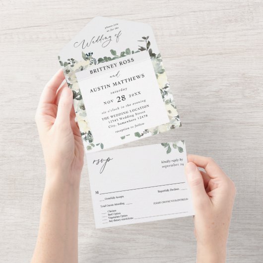 Dusty Blue & White Floral All In One Uitnodiging (Afscheurbaar)