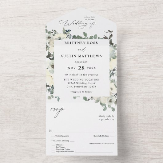 Dusty Blue & White Floral All In One Uitnodiging (Binnen)