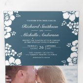 Dusty Blue White Floral Alles in één foto bruiloft Drieluik Uitnodiging (Binnenzijde eerst)