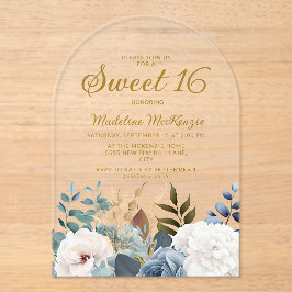 Dusty Blue White Floral Arch Sweet 16 Acryl Uitnodigingen
