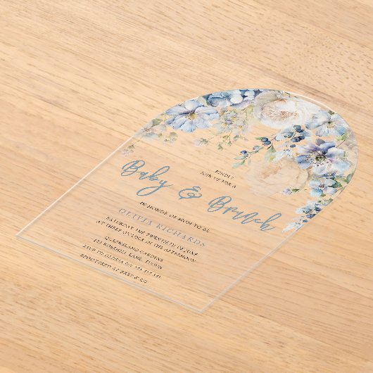 Dusty Blue & White Floral Baby shower Brunch Acryl Uitnodigingen (Laagn)