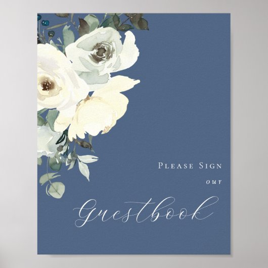 Dusty Blue & White Floral - Blue Guestbook Sign Poster (Voorkant)