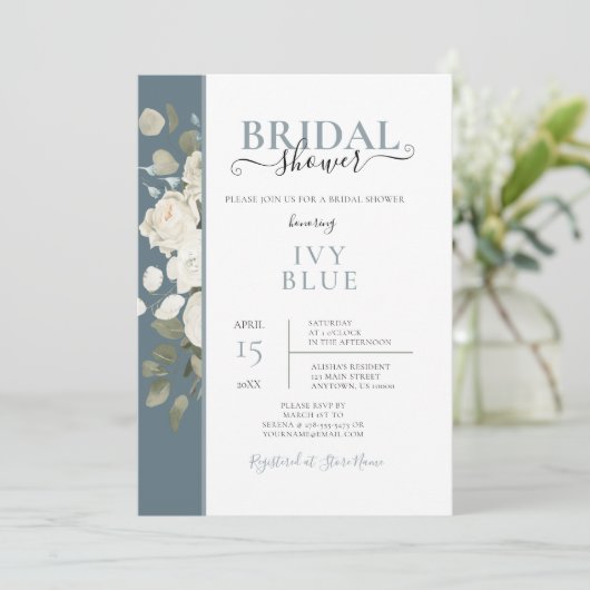 Dusty Blue White Floral Bridal Shower Kaart (Staand voorkant)