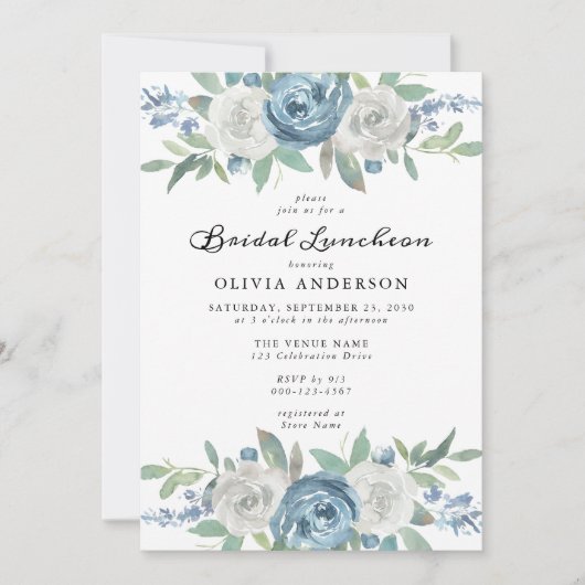Dusty Blue & White Floral Bruids Luncheon Kaart (Voorkant)