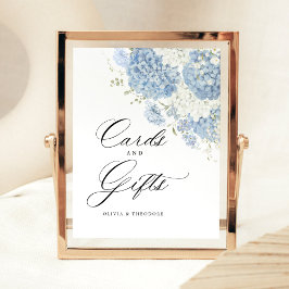 Dusty Blue White Floral Cards and Gifts Wedding Reclamebord Met Voetstuk