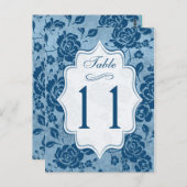 Dusty Blue, White Floral Damask Tafelnummer Kaart (Voorkant / Achterkant)