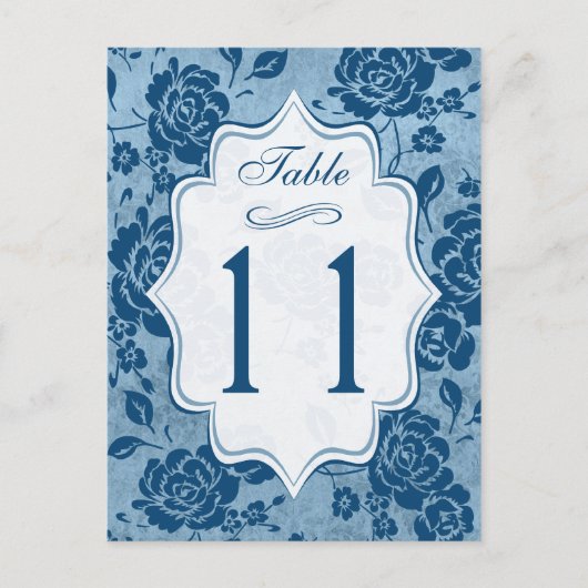 Dusty Blue, White Floral Damask Tafelnummer Kaart (Voorkant)