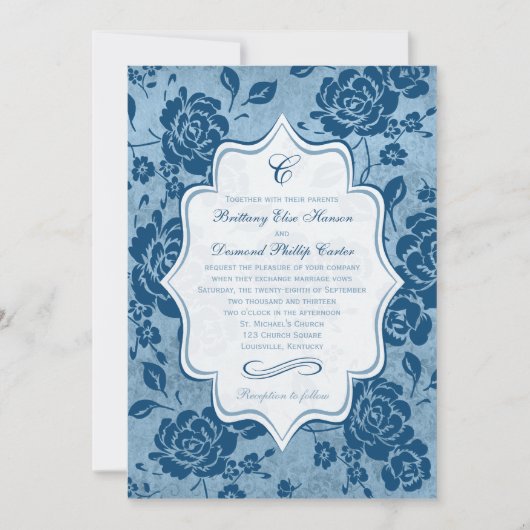 Dusty Blue, White Floral Damask Wedding Invitation Kaart (Voorkant)