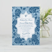 Dusty Blue, White Floral Damask Wedding Invitation Kaart (Staand voorkant)