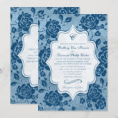 Dusty Blue, White Floral Damask Wedding Invitation Kaart (Voorkant / Achterkant)