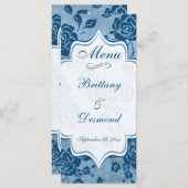 Dusty Blue, White Floral Damask Wedding Menu Kaart (Voorkant / Achterkant)
