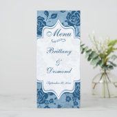 Dusty Blue, White Floral Damask Wedding Menu Kaart (Staand voorkant)