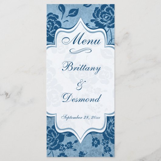 Dusty Blue, White Floral Damask Wedding Menu Kaart (Voorkant)