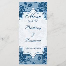 Dusty Blue, White Floral Damask Wedding Menu Kaart