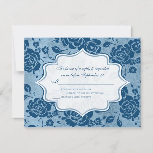 Dusty Blue, White Floral Damask Wedding RSVP Card (Voorkant)