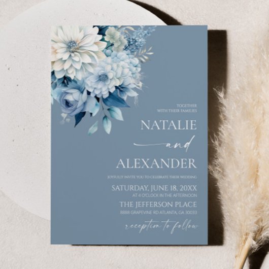 Dusty Blue White Floral Flower Garden Wedding Kaart