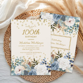 Dusty Blue White Floral Gold 100th Birthday Kaart