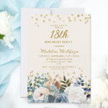 Dusty Blue White Floral Gold 18th Birthday Kaart<br><div class="desc">Elegant dusty blue en white roses,  floral en greenery women's 18e verjaardagsfeest met gouden glitter. Deze uitnodiging is aan beide zijden gedrukt. Neem contact met mij op voor hulp bij uw aanpassingen of om extra overeenkomende of coördinerende Zazzle-producten voor uw partij aan te vragen.</div>